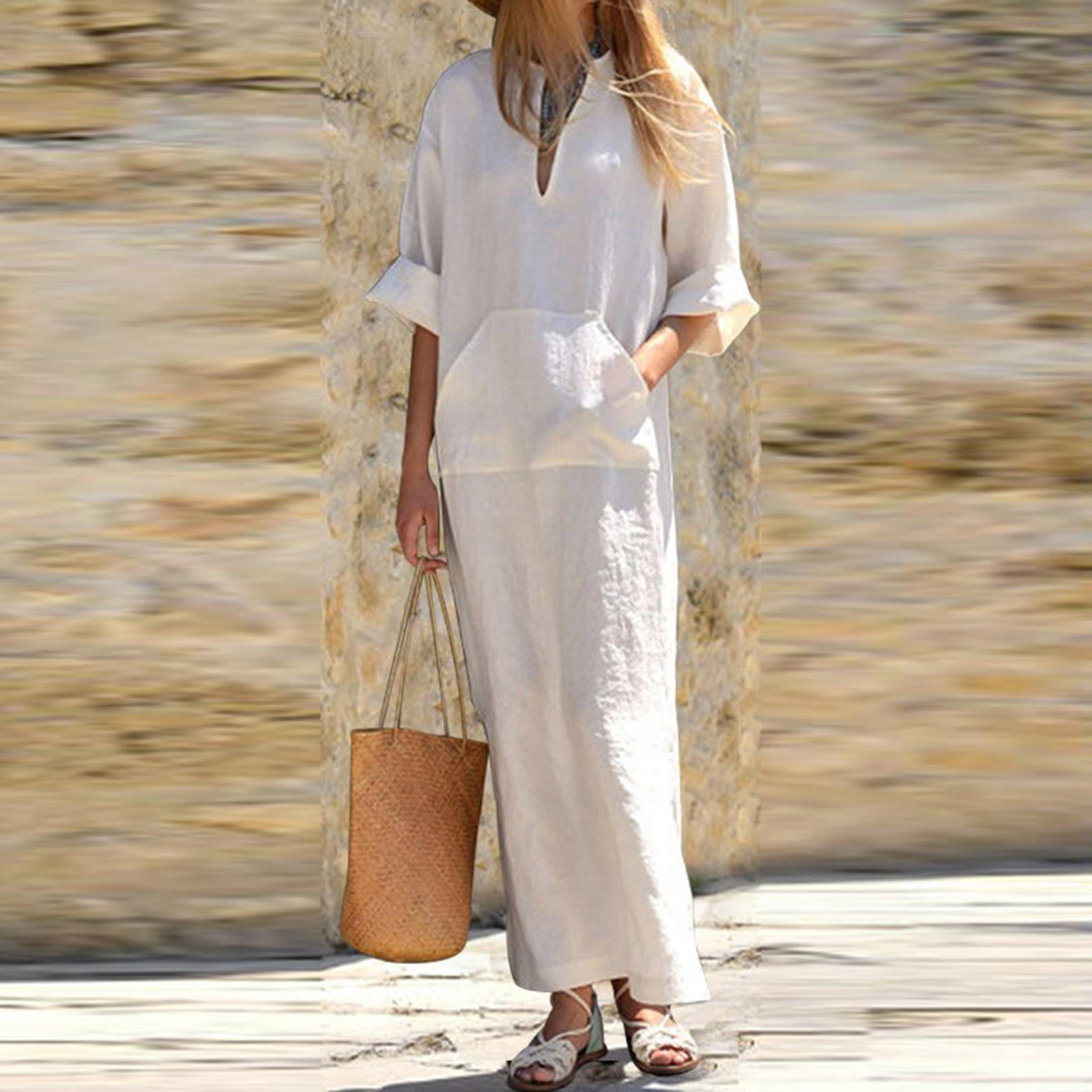 

Женское модное повседневное темпераментное длинное платье с v-образным вырезом на весну и лето, новое женское свободное длинное платье из хлопка и конопли большого размера с карманами S белый