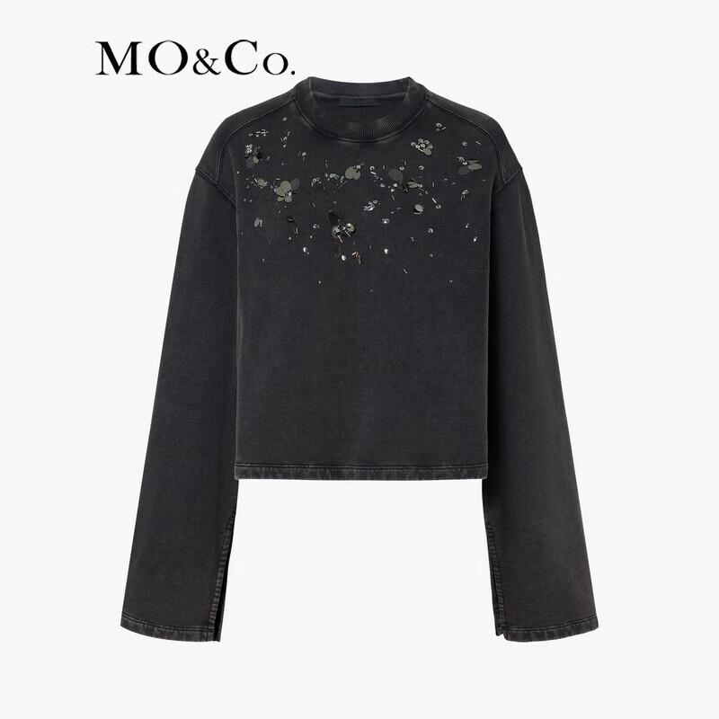 MO&Co. Distressed Cotton Crewneck Sweatshirt