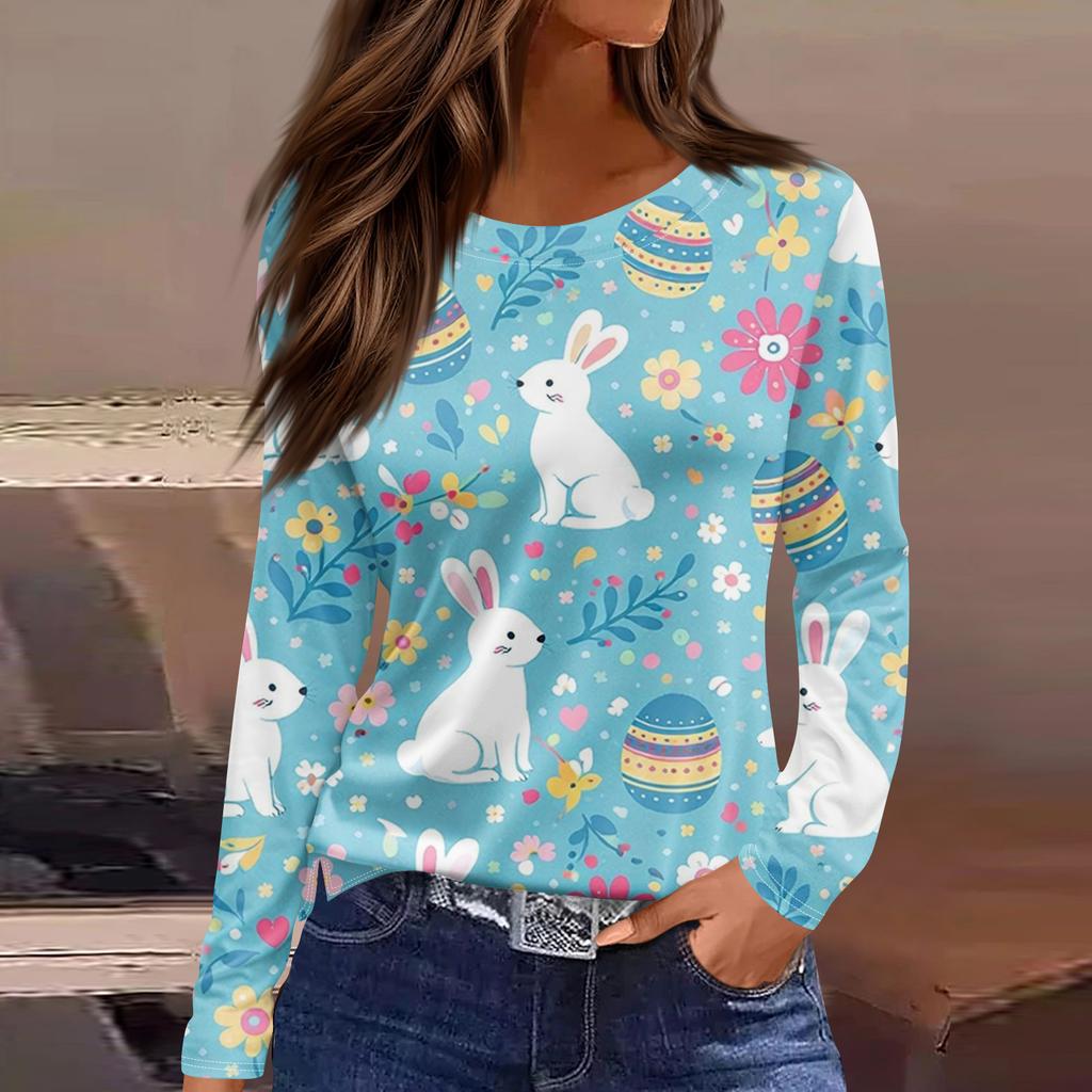 Women's Fashion Casual Slit Hem Round Neck Long Sleeve Loose Printed T-Shirt Ladies Top