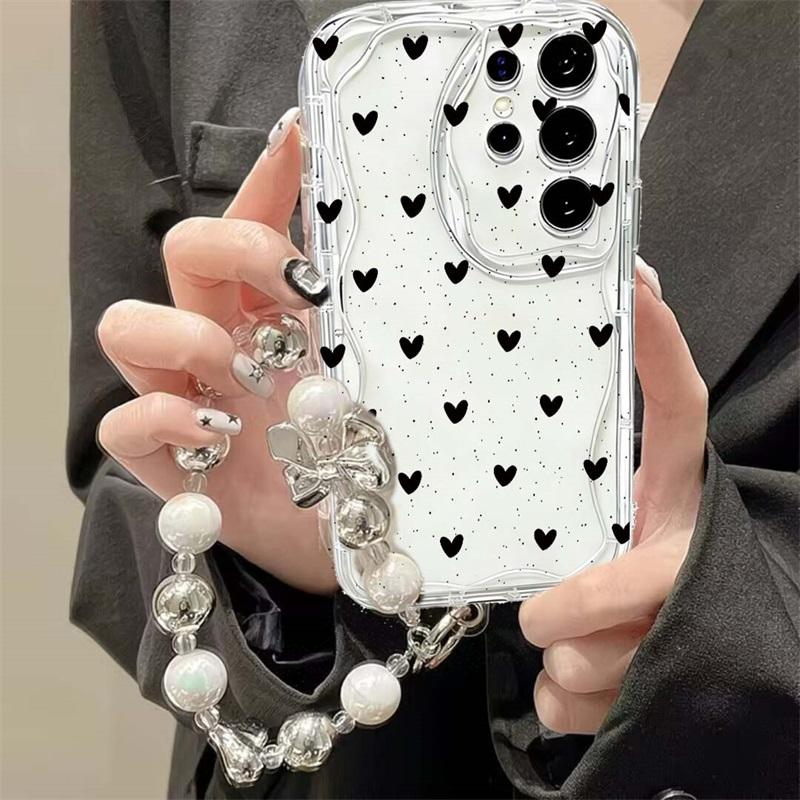 Black Dots Heart Cover For Reno 15 Pro 14 13 14f 13f 12f OPPO A6 A5 PRO A79 A58 A78 Reno 8T Love Bow Chain Case Silicone