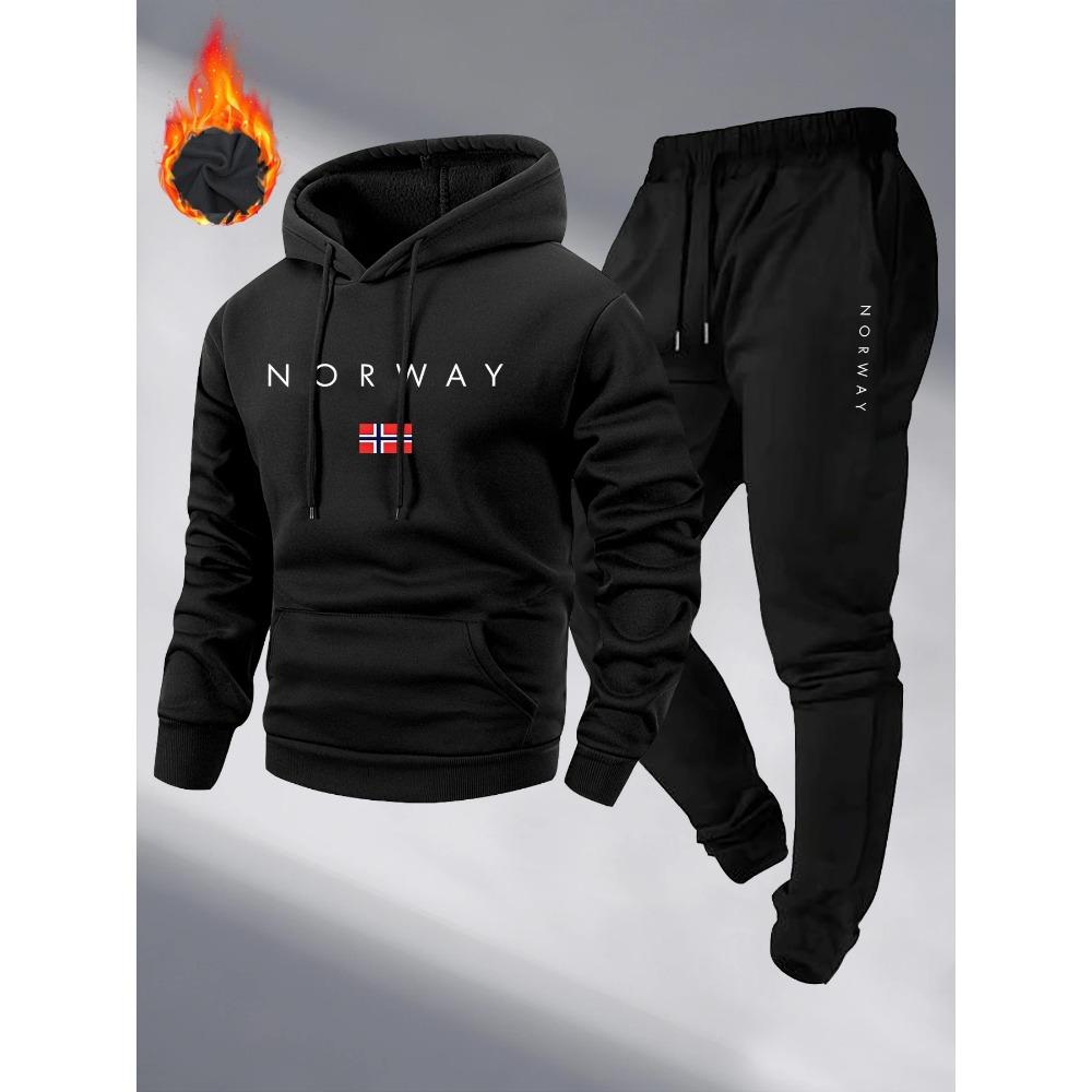 Personalisierter Buchstabenaufdruck Sportbekleidung Polar Herren Kapuzenhosen Set, Frühling und Herbst Sportliche Freizeit Pullover Hosen Set