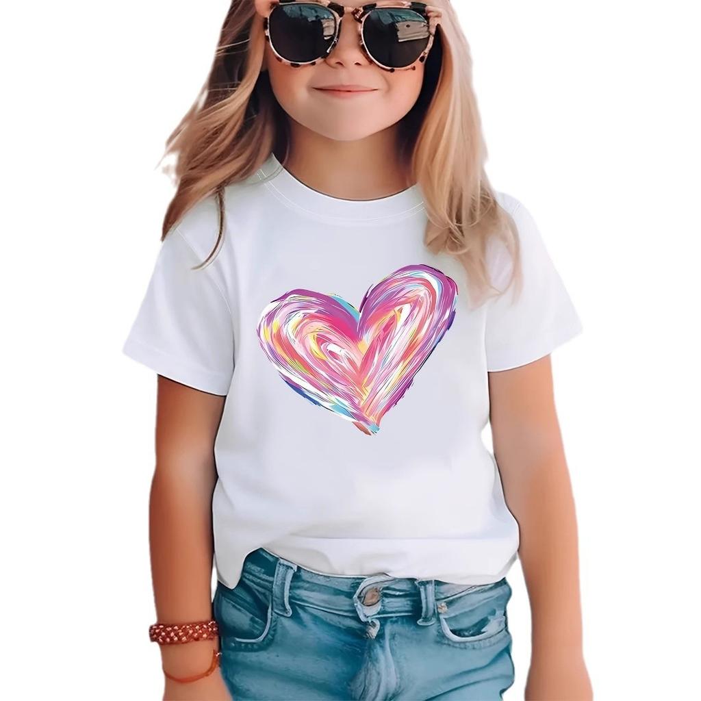 Girls' Casual Colorful Heart-patterned T-shirt for Summer, Children's Fashionable Short-sleeved T-shirt