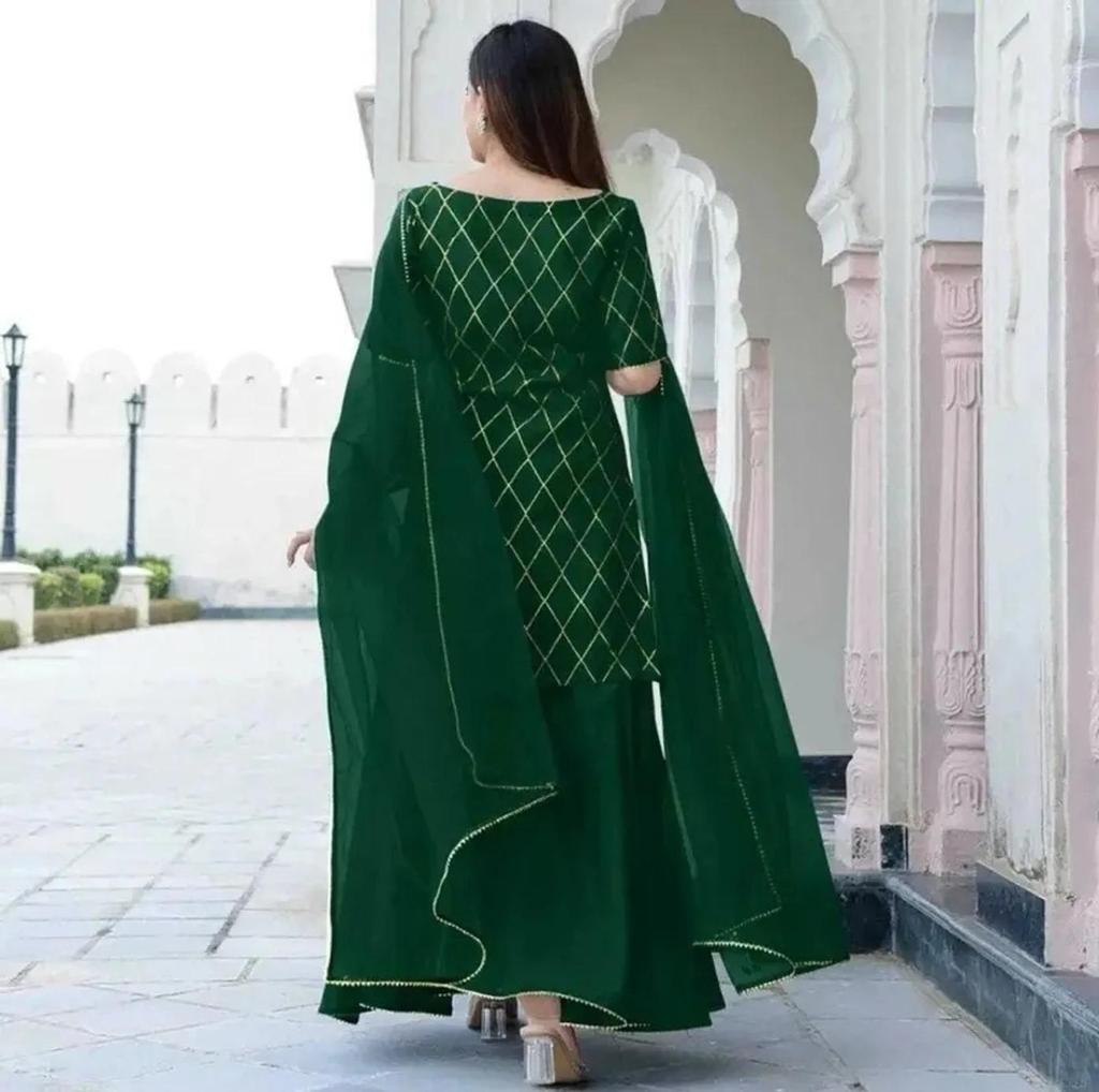 Women Party Wear Designer Cotton Rayon Kurti Palazzo Dupatta Set