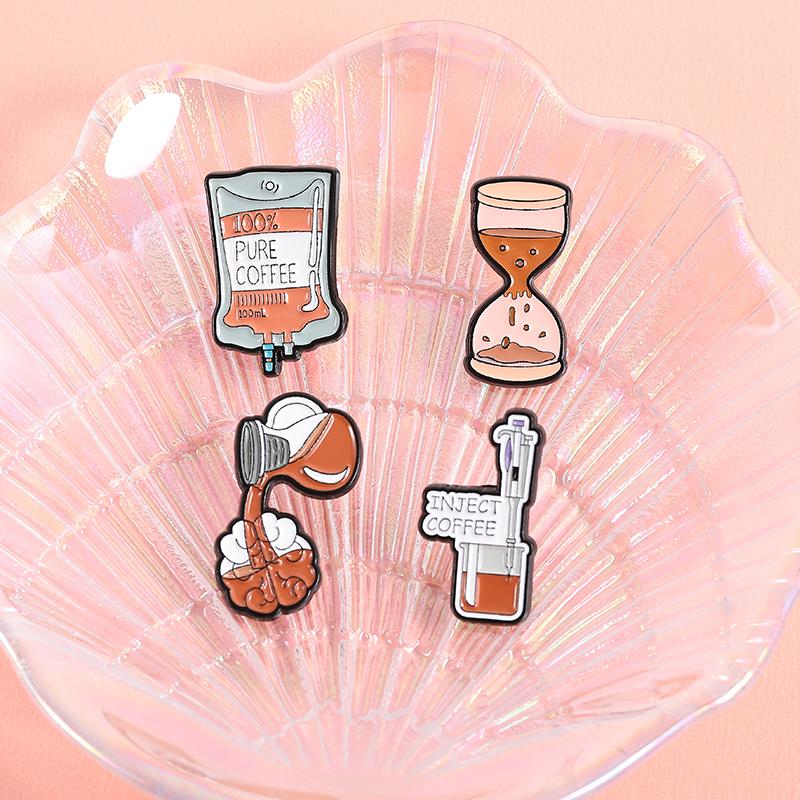Inject Coffee Enamel Pin Medical Syringe Infusion Bags Pure Coffee Brooches Lapel Badge Jewelry Gift For Coffee Lover Friends