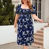 Women's Fashionable And Trendy Temperament Square Neck Short Sleeved Printed Dress In Plus Size