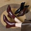 New autumn and winter brown boots medium boots thick heel thin French small ankle boots high heel pointed short boots women