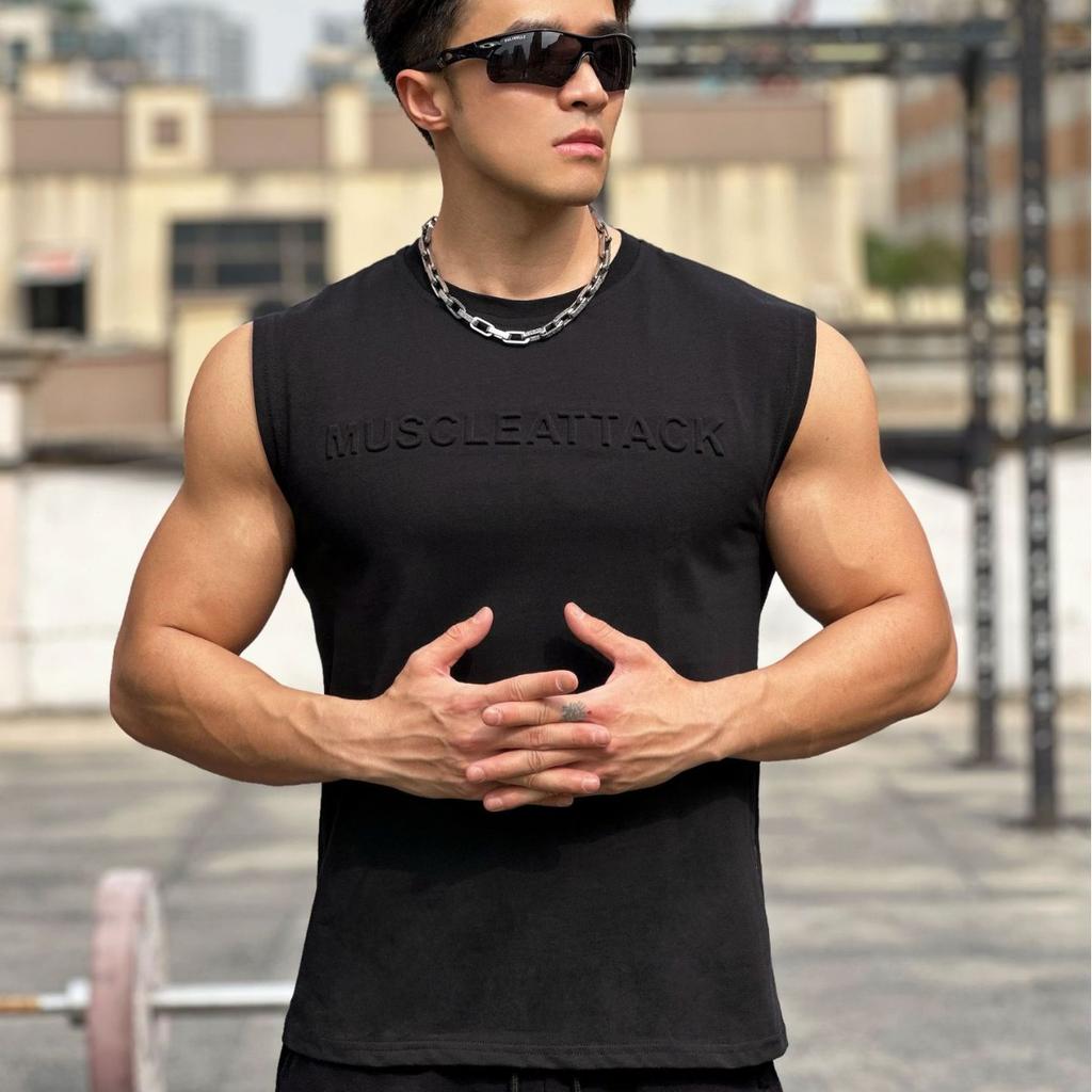 Men's Summer Cotton Top Wide-Shoulder Vest Casual Sports Running Sleeveless Shirt