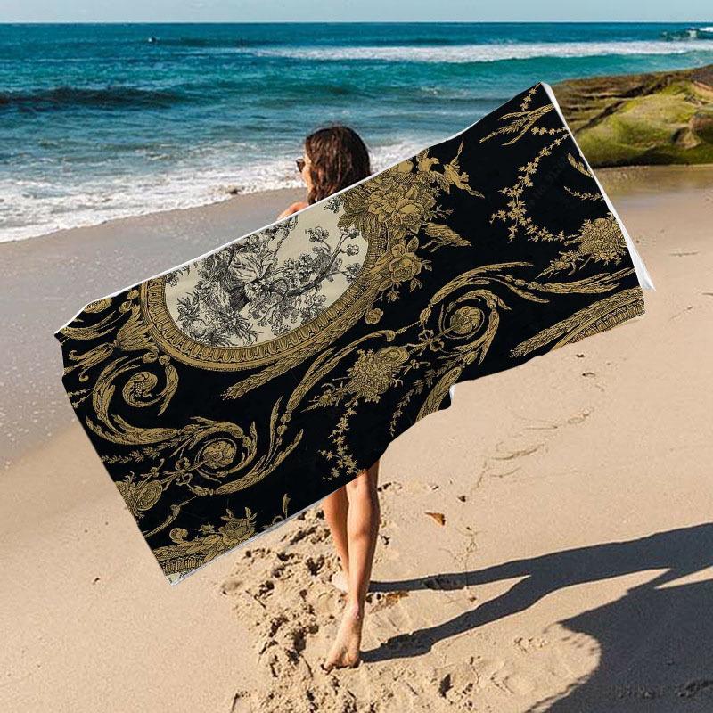 Luxe Premium Zwart Goud Patroon Bloemen Microvezel Sneldrogende Strandhanddoek Mannen Vrouwen Zacht Absorberend Extra Grote Handdoeken Kampeer Mat