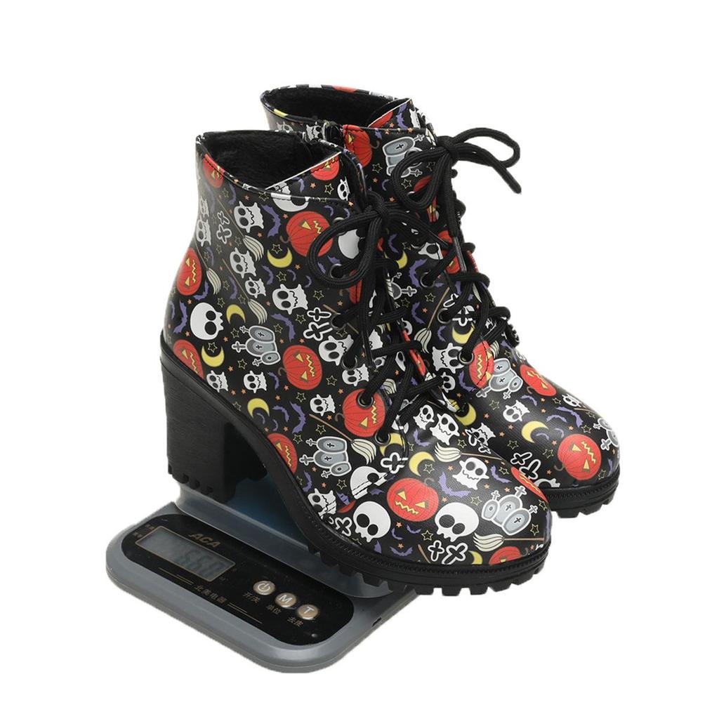 Autumn Winter Plus Size Women's Skull Head Coarse Heeled Short Boots Comfortable Warm Round Headed High-heeled Martin Boots Shoes 36-42