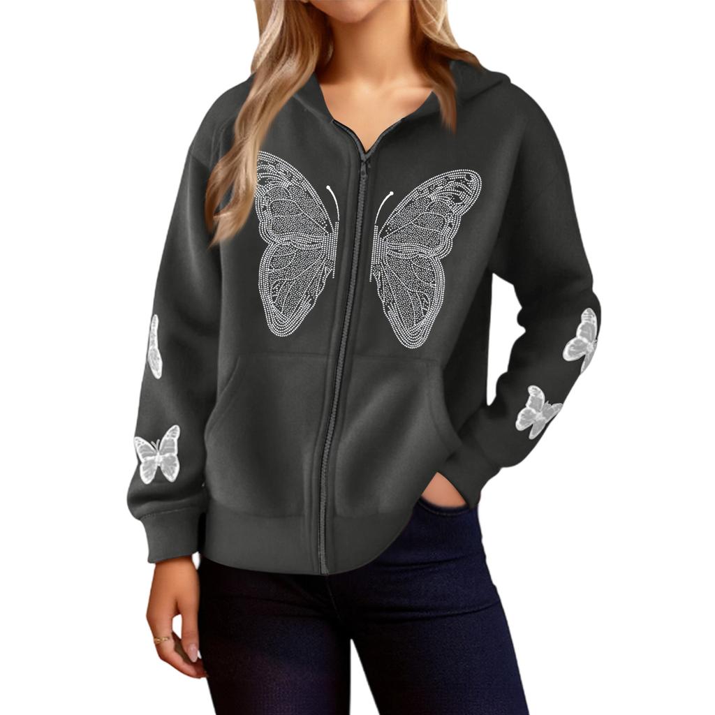 Women's Casual Loose Winter Butterfly Zipper Hooded Long Sleeve Pocket Jacket