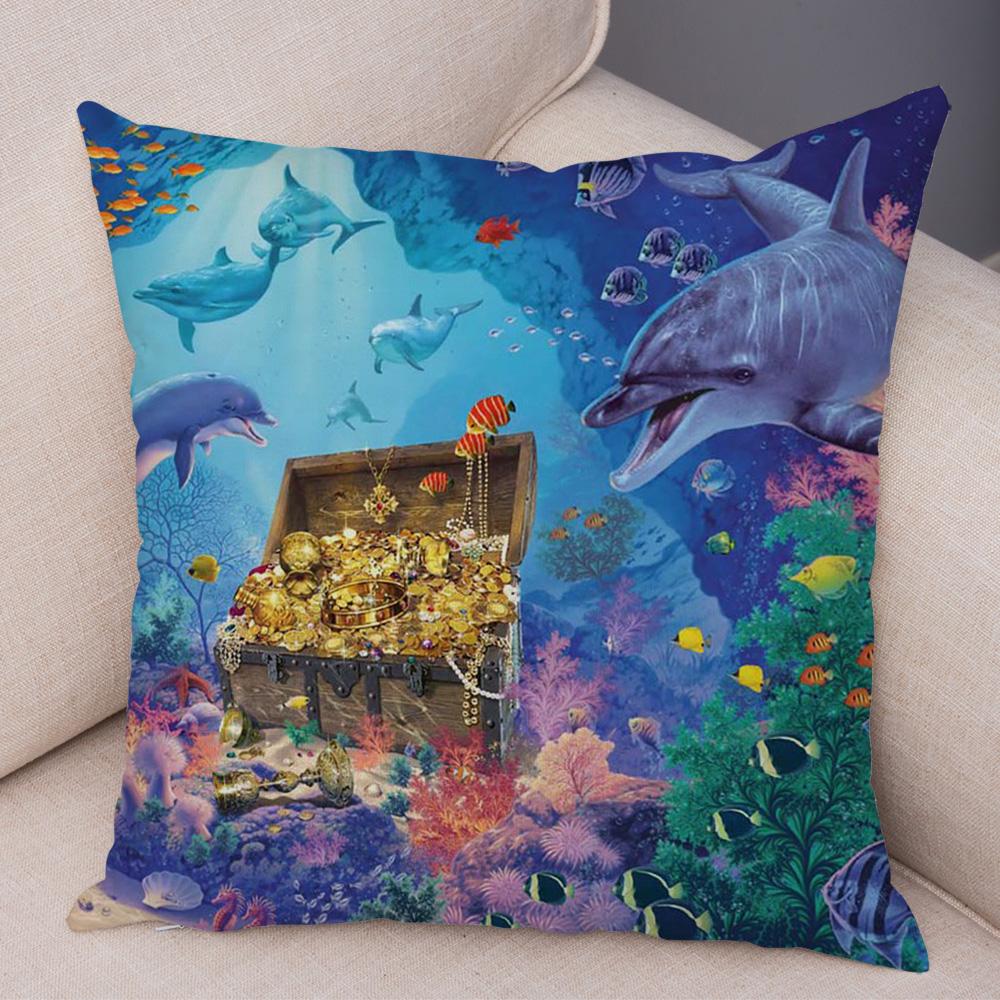 Marine Turtle Dolphins Shark Cushion Cover Short Plush Decor Colorful Ocean Animal Pillowcase Pillow Case for Sofa Home Car
