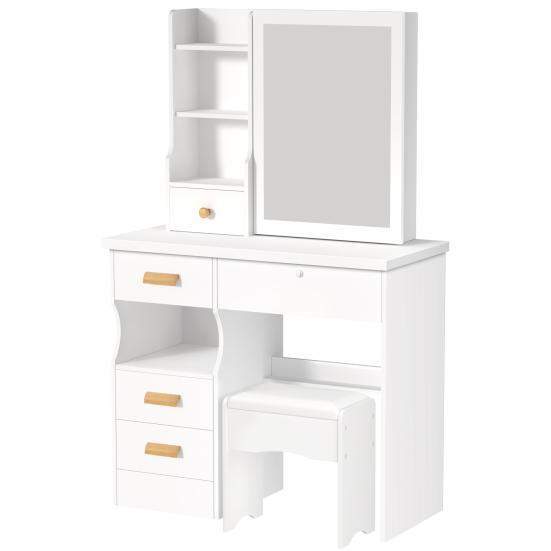 Vanity Desk with Sliding Mirror, Bedroom Dressing Table, Makeup Table with 5 Drawers & Shelves, Hidden Storage Space