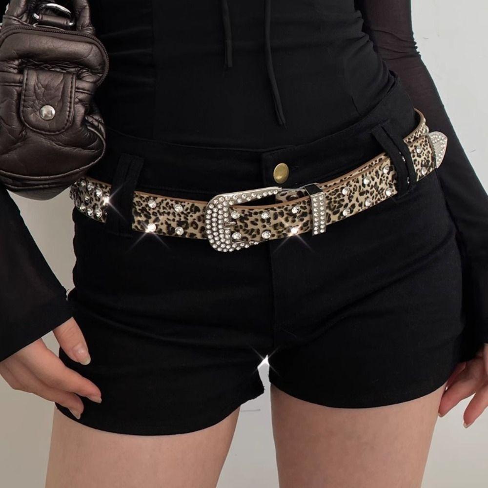 

Ремни со стразами Y2K из ПУ кожи, пояс на талию, ремень со звездой для личности, женский Leopard Print
