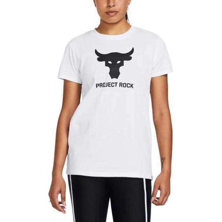 Under Armour Project Rock Johnson Letter Casual Crew Neck T-Shirt Women T-Shirts White 1382701-100