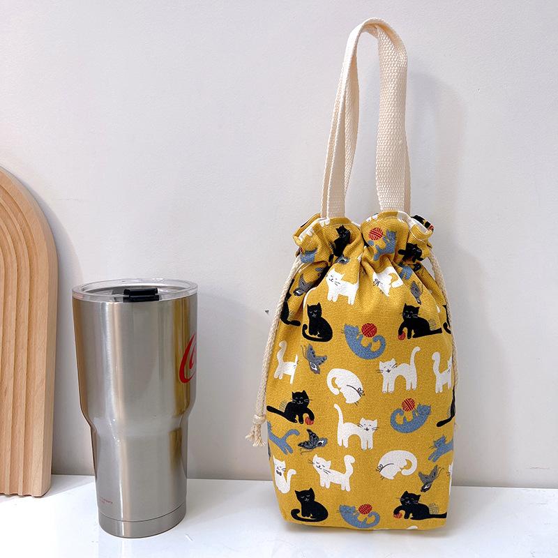 Portable Canvas Insulator Sleeve Bag Case Thermos Pouch Cartoon Pictures Closing Drawstring Storage Bag Vacuum Cup Set
