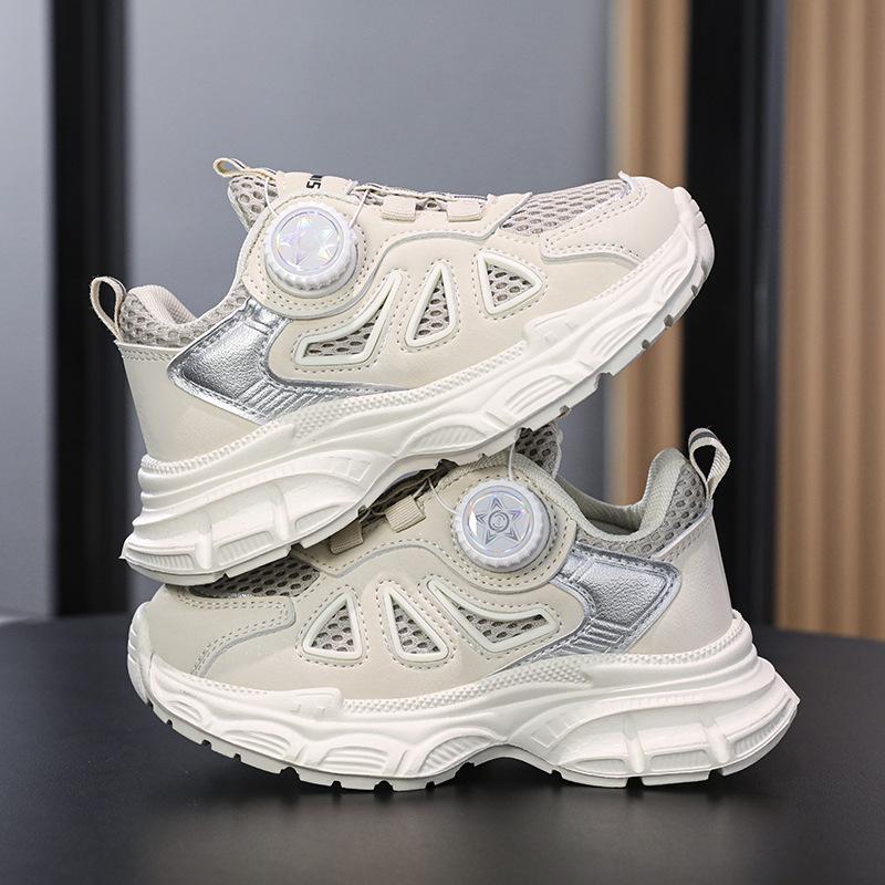 Children's mesh sneakers 2025 autumn new boys rotating button dad shoes solid color basketball shoes classmates