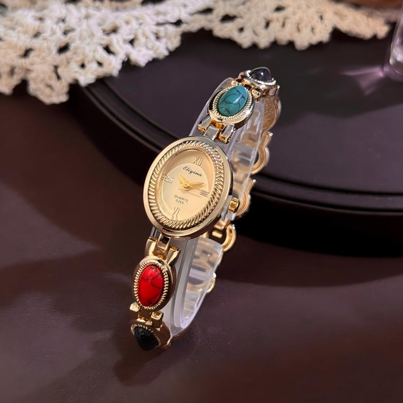 LP74 Exquisite Colorful Turquoise Bracelet Women's Watch Vintage Round Stone Embedded Quartz Watch Fashion Wristwatch for Ladies