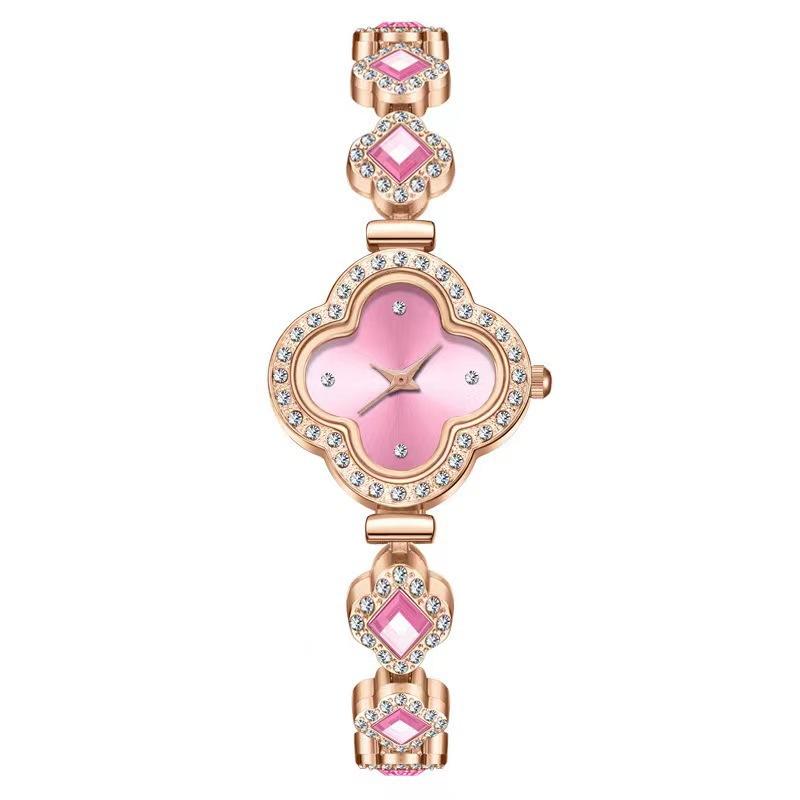 

Браслет с четырехлистным клевером, кварцевые часы, женские часы с изумрудным узором розовый