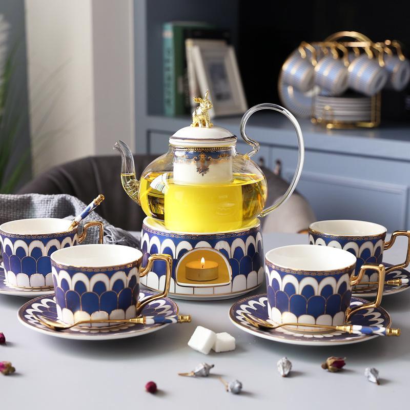 Household Flower Teapot Set, Glass Boiled Fruit Teapot, Ceramic Afternoon Tea Flower Fruit Teacup Tea Set, Candle Heating