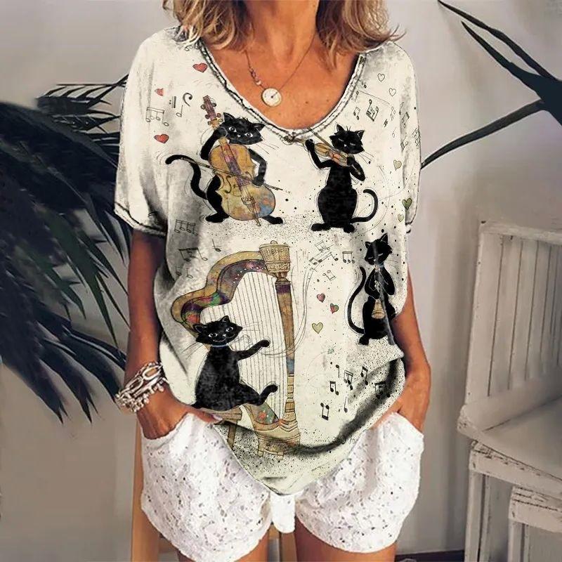 Summer V-neck 3D Cat Printed Top Fashionable Casual Short Sleeved Women's T-shirts