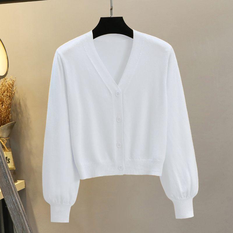 

V Neck Avocado Lantern Sleeve Knitting Tup Cardigan White L