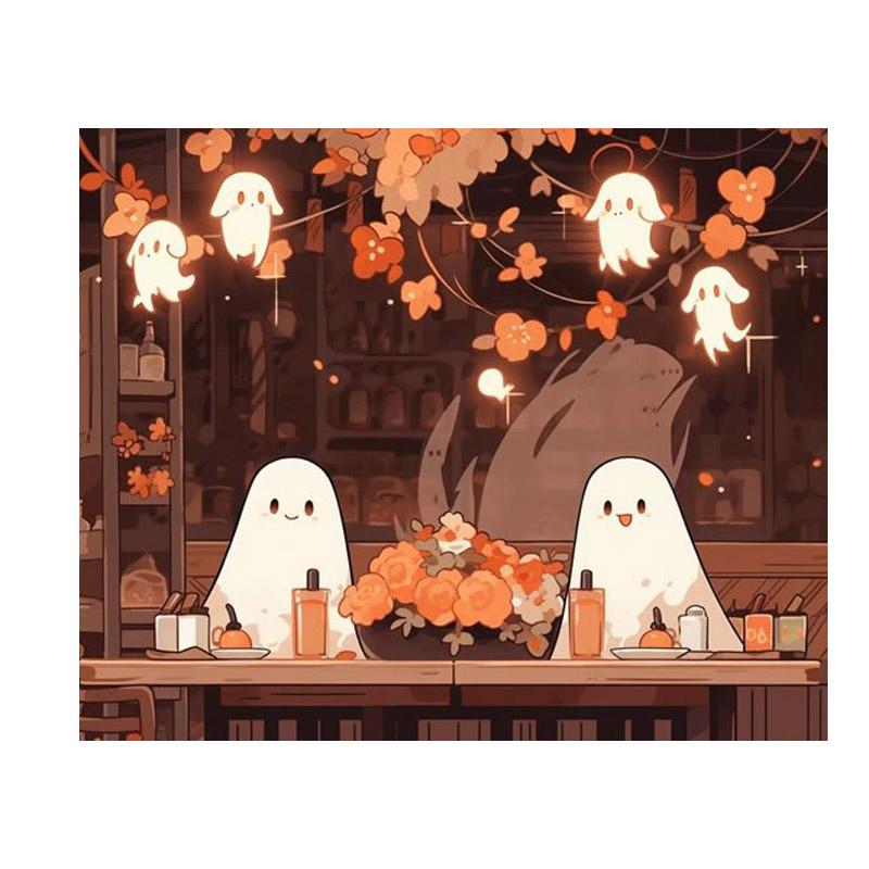 Ghost Garden Whimsy Tapestry With Cute Ghosts Mushrooms Wildflowers Crescent Moon Halloween Wall Art For Witchy Decor  Halloween