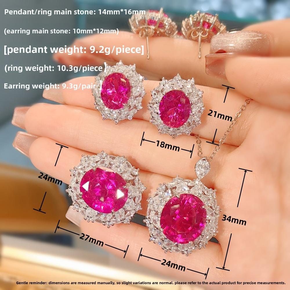 Luxury Red Corundum Pendant Women Jewelry Set with Rose Diamond Ring Earrings High Carbon Diamond Gemstone