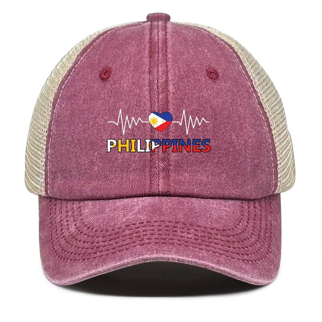 Heart Waves Philippine Flag Print Adjustable Mesh Cap, Patriotic Flat Cap Stylish Vintage-Inspired Polyester Slouchy Snapback Sun Hat