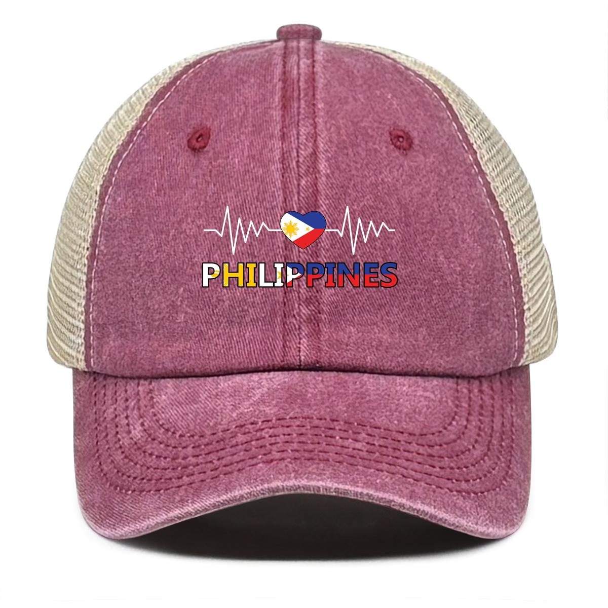 

Heart Waves Philippine Flag Print Adjustable Mesh Cap, Patriotic Flat Cap Stylish Vintage-Inspired Polyester Slouchy Snapback Sun Hat as the picture вино красного