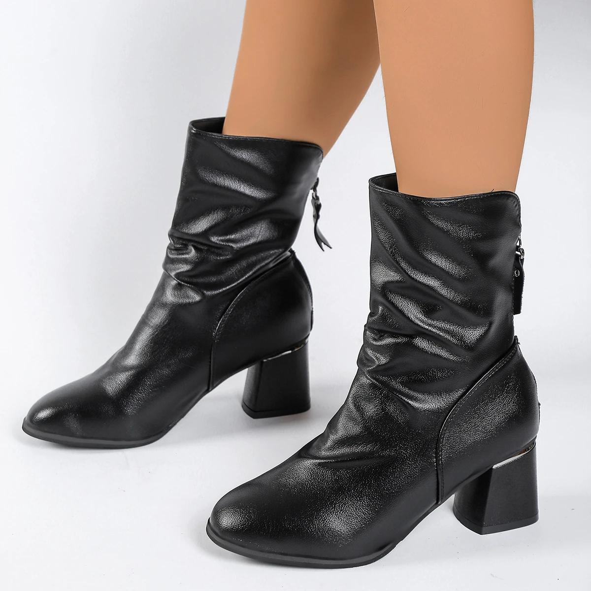 

Elegant Winter Solid Color Zipper High-heeled Midsole Boots Fashionable New Comfortable Sports Warm Midsole Women s Boots 35