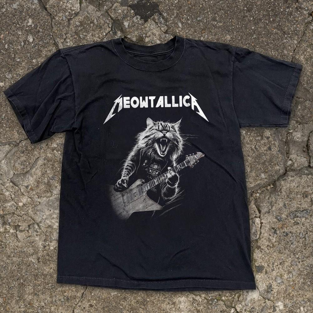 Meowtallic, Pisică Rock Metallica Cântând la Chitară Tricou Negru Unisex Mărime S-5XL Tricou Unisex