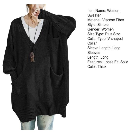 Women Sweater V-Neck Long Sleeve Sweater with Pockets Solid Color Loose Fit Long Hem Knitting Tops Autumn Winter Wear