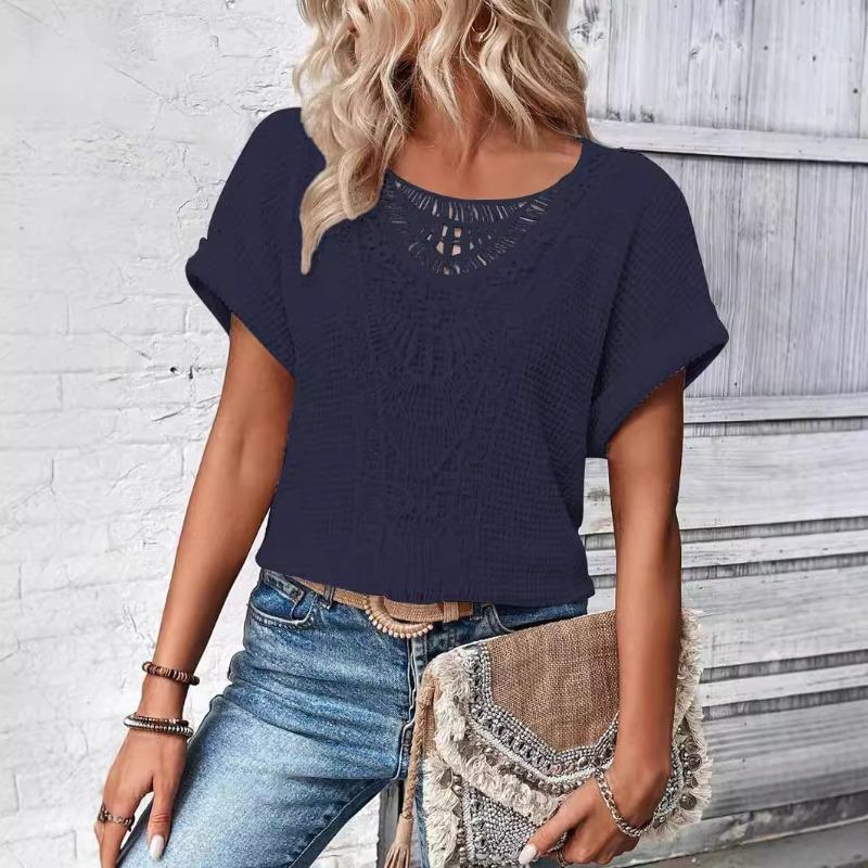 Primavara Vara Dantela Splicing Culoare uni Lejer Casual Maneca scurta Imbracaminte pentru femei Tricouri pentru femei
