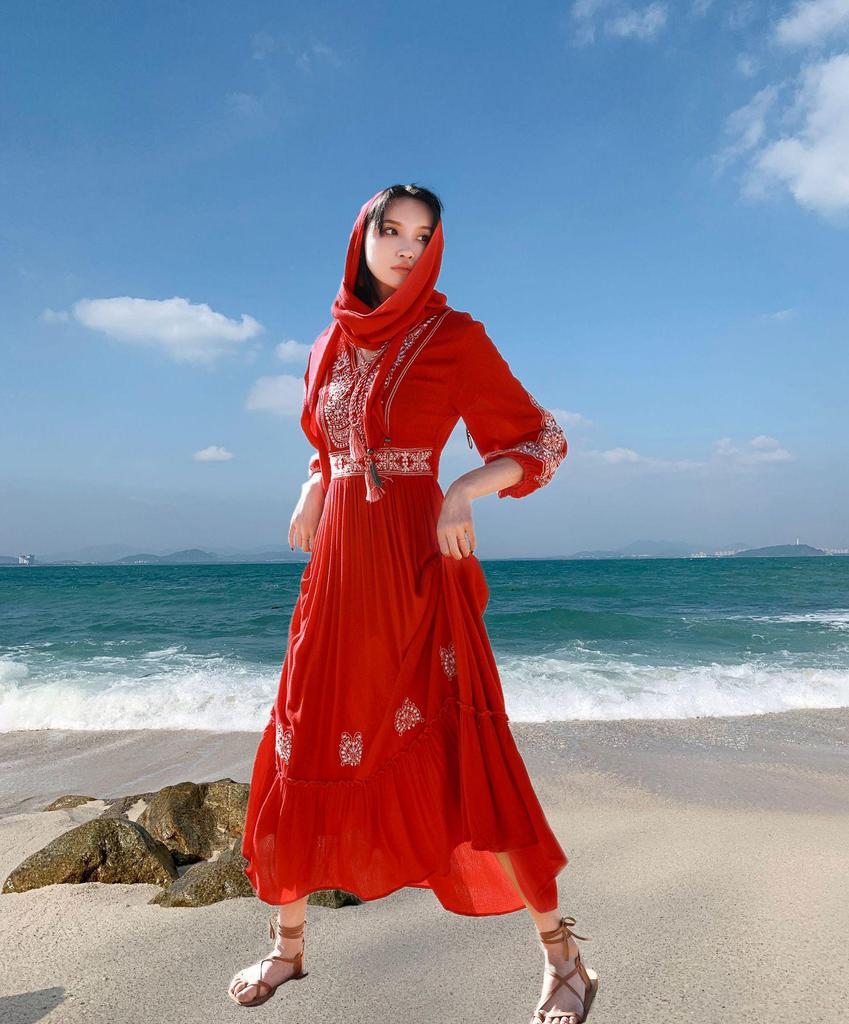 Yunnan Sanya Fairy Beach Red Dress - Women's Long Slimming Desert Travel Outfit