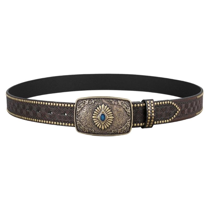 Western PU Leathers Cowboy Buckle Belt for Men and Women Jeans Engraved Floral Metal Buckle Rivet Belt