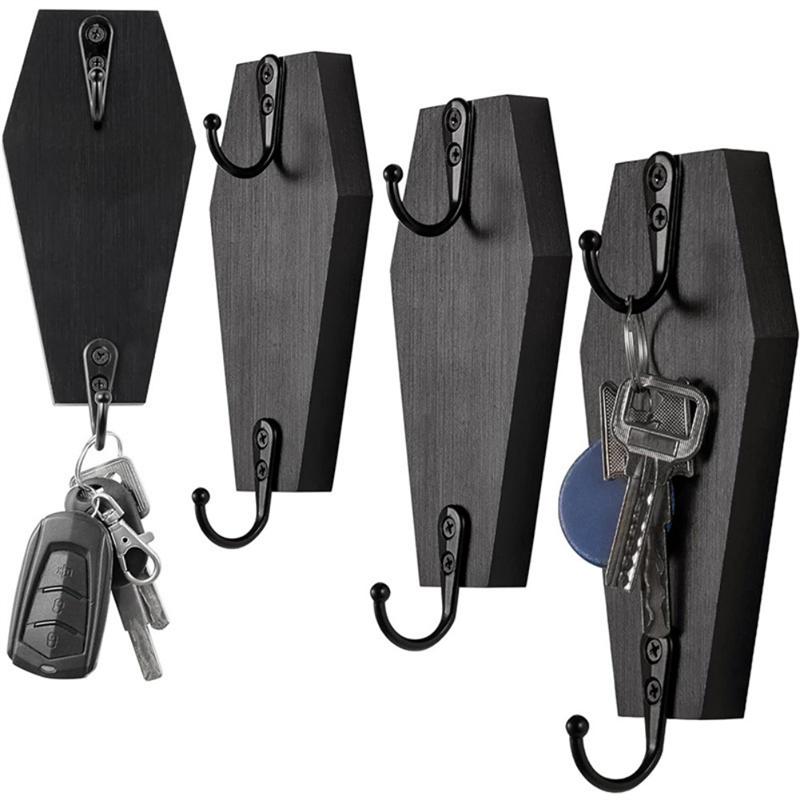 A96K-Halloween Coffin Wall Hanging, Coffin Wall Hook For Keys For Wall - Rustic Black Wooden Hanger For Keys, Mugs, Purse