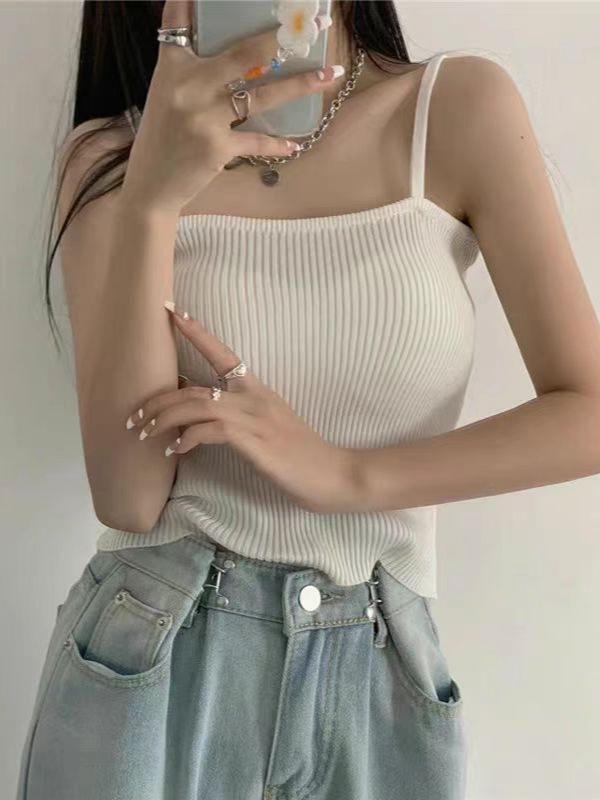 Hong Kong Style Women's Chic Sleeveless French Knit Camisole Top, Summer White Innerwear.