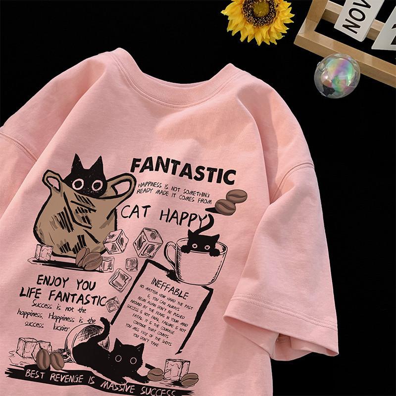 

New Men Women T Shirt Pullover Oversize Korean version Cartoon Cat Group Printed TShirt Casual Short Sleeve Couples TShirt M