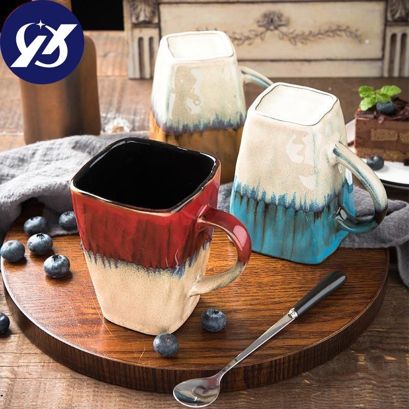 Creative Flow Glaze Square Coffee Mug With Spoon and Lid Retro Tea Cup Simple Household Matte Color Ceramic Milk Water Cup Gift