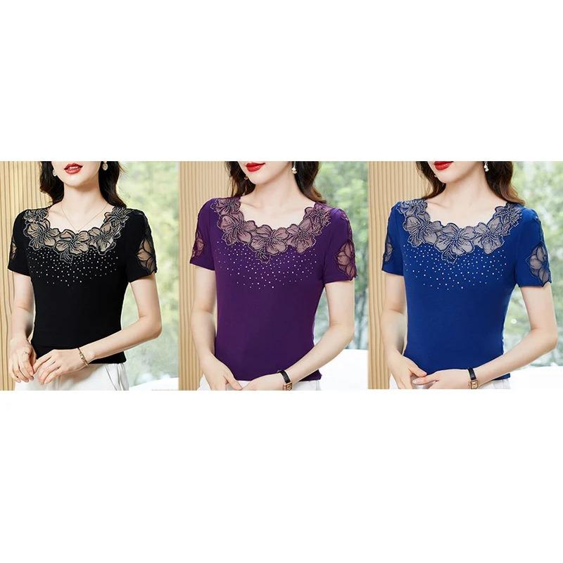 Summer Short Sleeved O Neck Women's T Shirt Elegant Slim Sexy Hollow Out Tees Drilling Mesh Lace