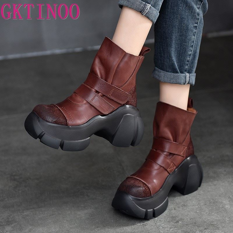Fashion GKTINOO Retro Thick Soled Short Boots 2024 Autumn Winter New Genuine Leather Round Toe Solid Color Versatile Platform Shoes
