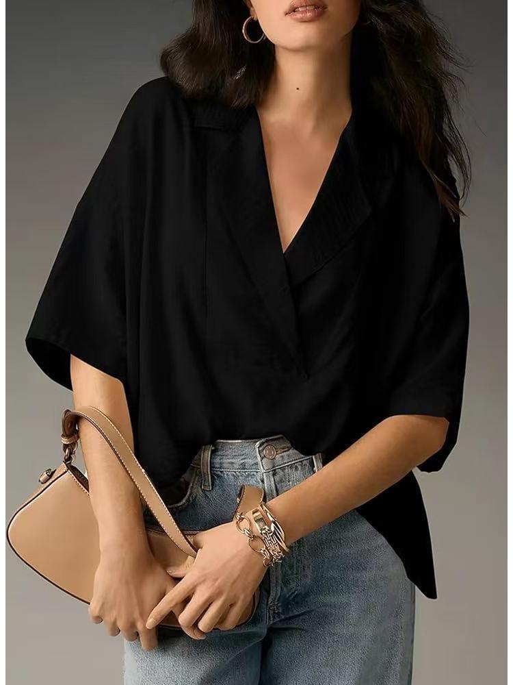 2025 Women's Casual Loose Short Sleeve Lapel Shirt - Solid Color, Summer Style