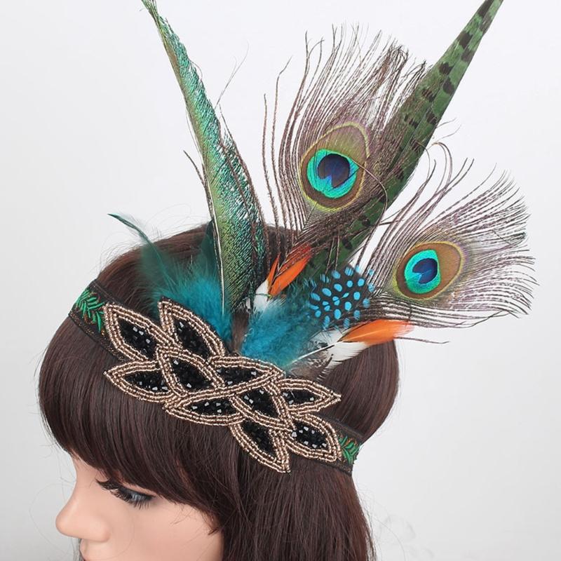Ethnic Style Headband with Rhinestone&Feather Decors Unique Hair Hoop Women Bride Wedding Party Taking Photo Headband