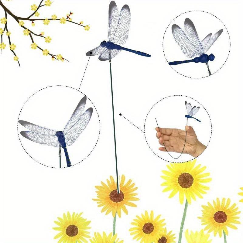 10pcs 3D Dragonfly Flower Sticks, Colorful Plastic Garden Decor, Yard Planter Butterfly Accents, Patio Outdoor Decoration, Garden Bed Supports