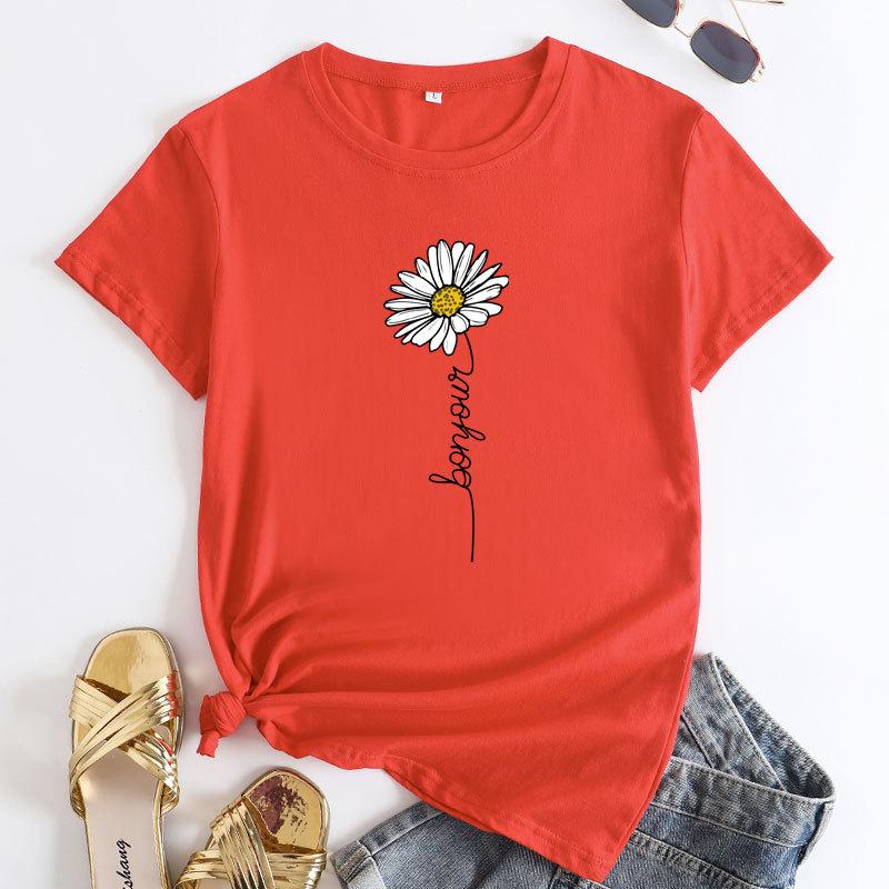 Summer Round Neck Daisy Pattern Printed Top Fashionable Casual Short Sleeved Women's Pure Cotton T-shirts