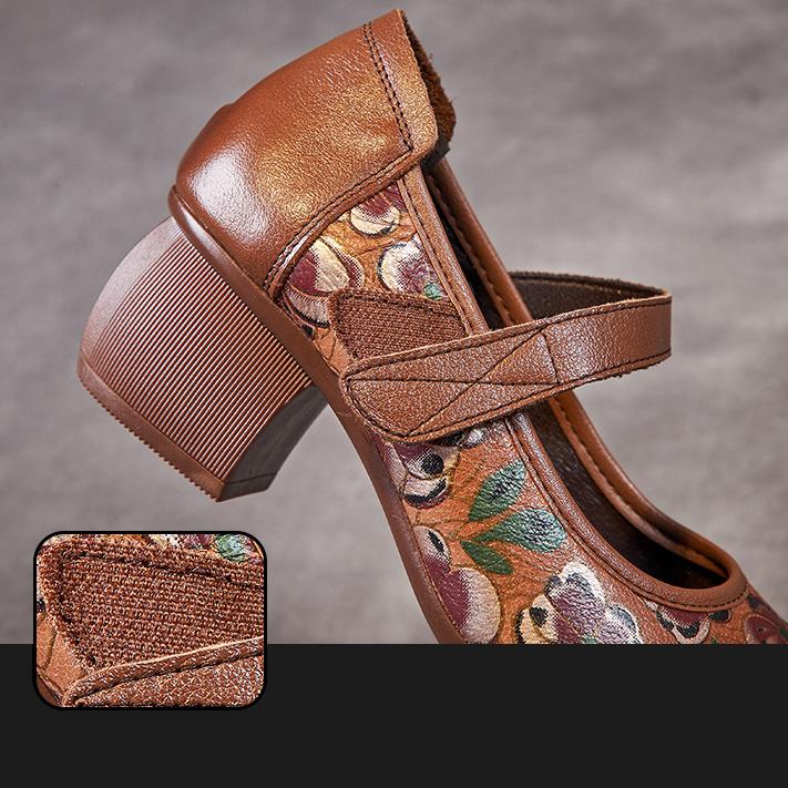 Johnature Pantofi de damă cu imprimeu în stil etnic, din piele naturală, cu vârf rotund, cu toc gros, cu talpă moale