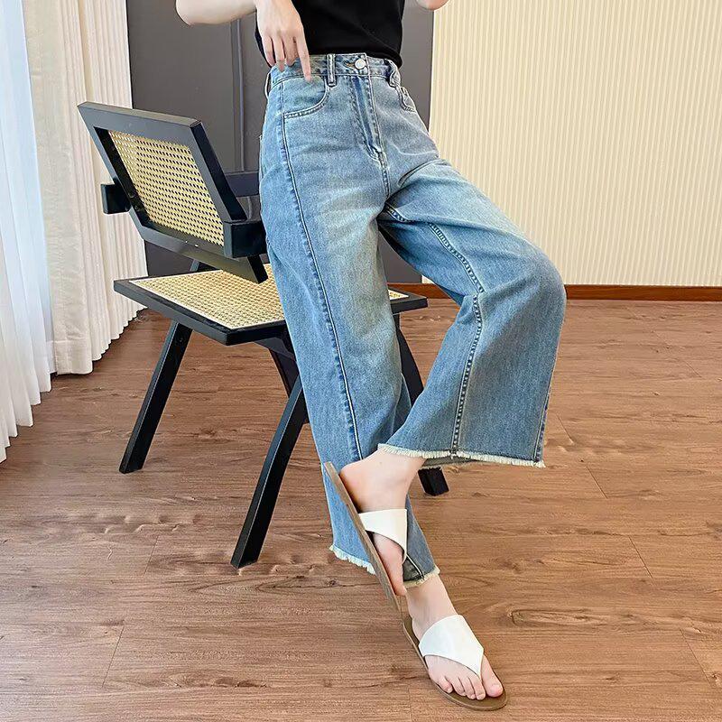 2025 Summer Women's High Waist Frayed Hem Retro Cropped Jeans - Loose, Slimming Wide Leg Style
