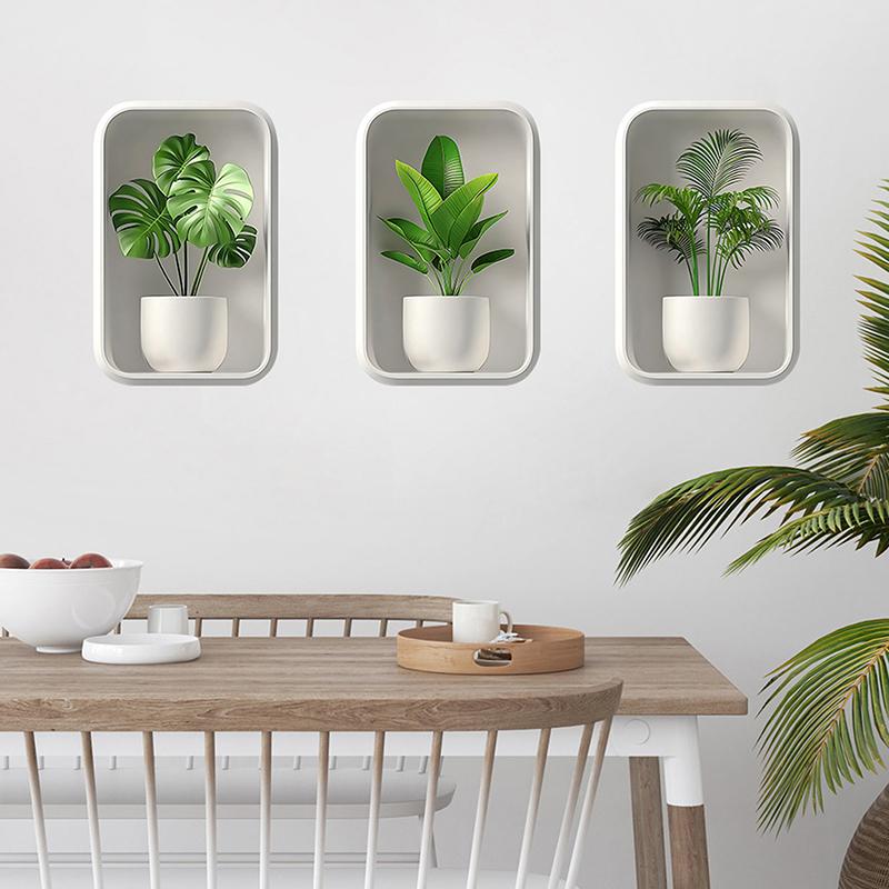 Autocolante de perete 3D, Plantă verde în ghiveci Ferestre false Living Pridvor Decor de perete de fundal Autocolante de perete autoadezive