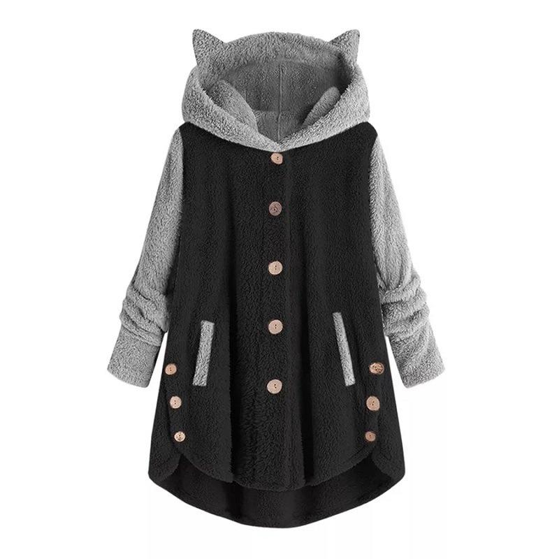 Autumn and Winter Button Hooded Cat's Ears (Steamed Cat-ear Shaped Bread) Plush Coat Irregular Color Matching Coat Women