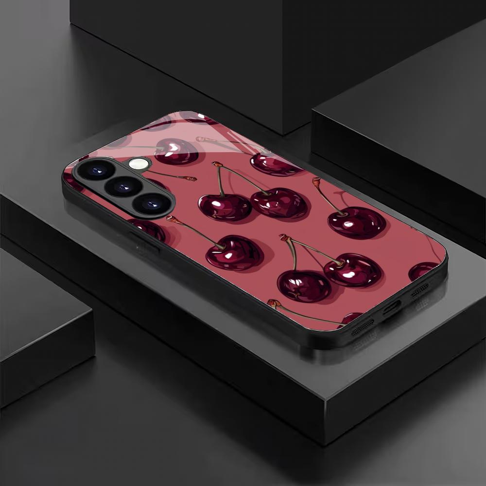 Red cherry tempered glass phone case suitable for Samsung Galaxy S26 S25 S24 S23 S22 S20 FE/Ultra/Plus5G anti drop back cover